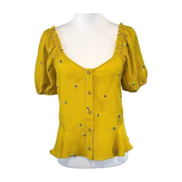 Sugar Lips Yellow Puff Sleeve Peplum Blouse Medium Embroidered Cottagecore girly - Picture 2 of 12